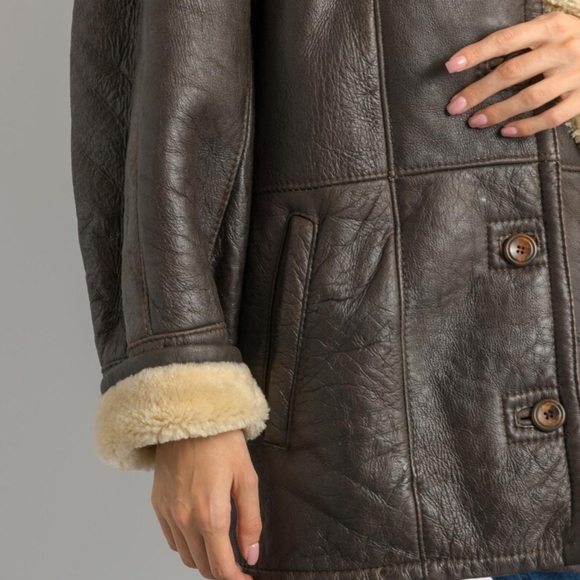 80s Western Sheepskin Coat, Size L Brown Shearling Coat Vintage Leather Jacket - Picture 15 of 16